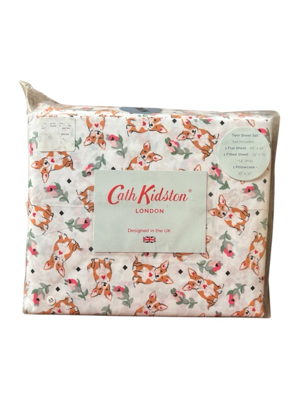 Cath Kidston Pink and White Corgi Rose Floral Print Twin Sheet Set 100% Cotton